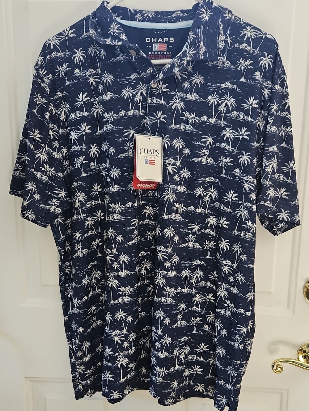 Chaps Navy and White Palm-Print Performance Polo
